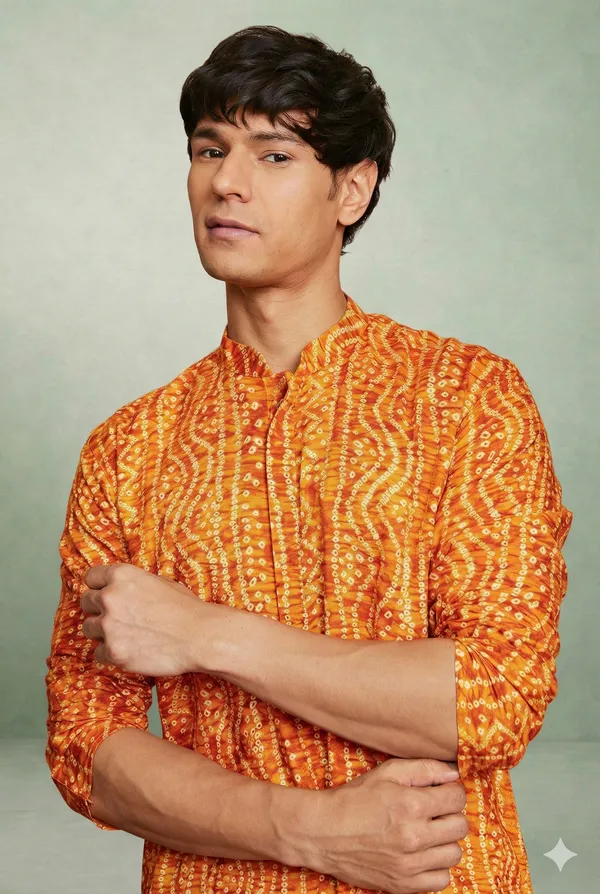 Yellow_Bandhani_Dupatta_Kurta_Set_For_Men