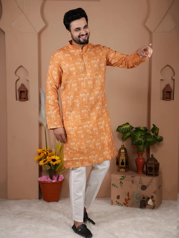 Orange_Crochet_Kurta_For_Men