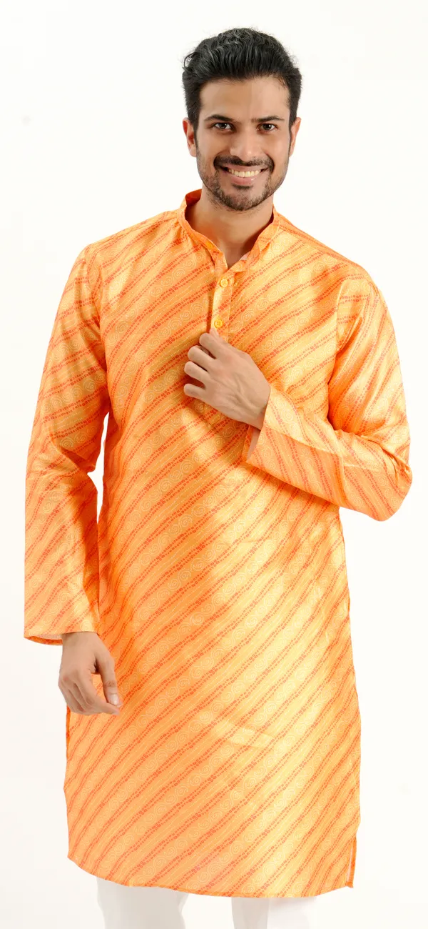 Yellow_Silk_Printed_Kurta_For_Men