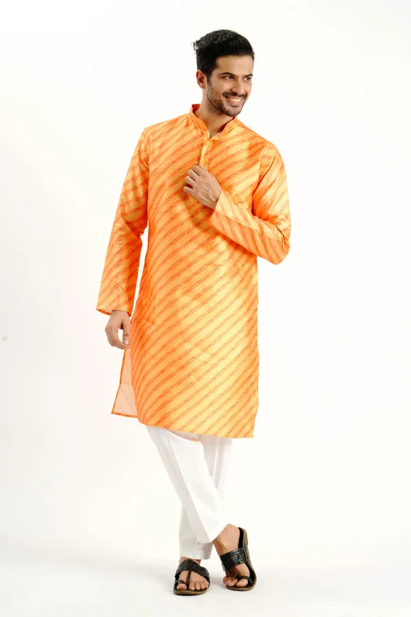 Yellow_Silk_Printed_Kurta_For_Men
