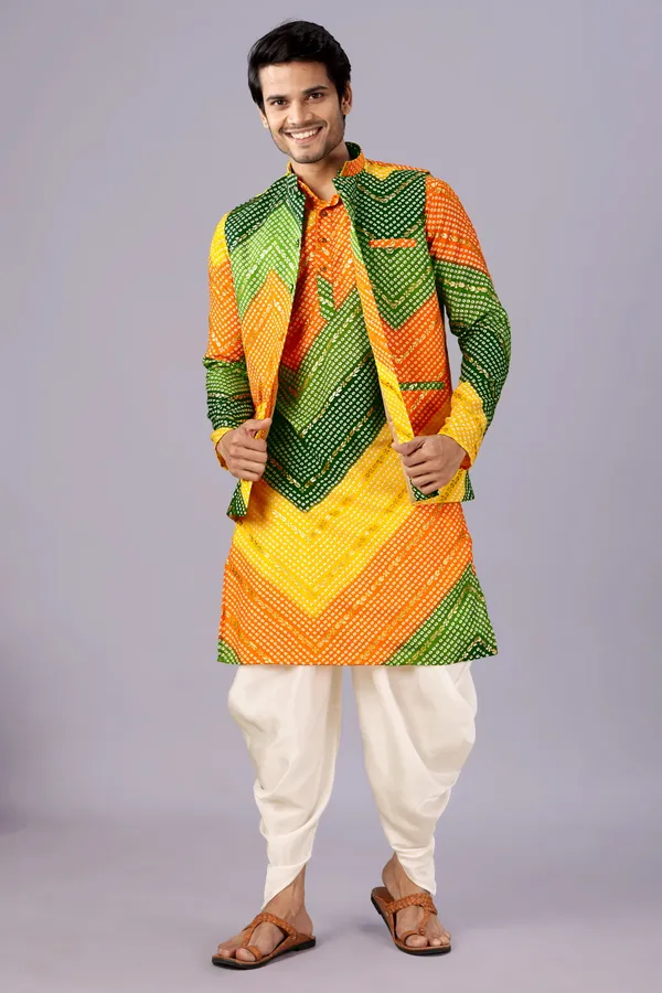 Multicolor_Bandhani_Dhoti_Kurta_Koti_3_Piece_Set_For_Men