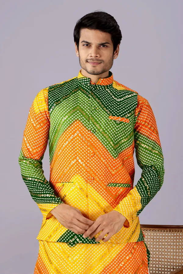 Multicolor_Bandhani_Dhoti_Kurta_Koti_3_Piece_Set_For_Men