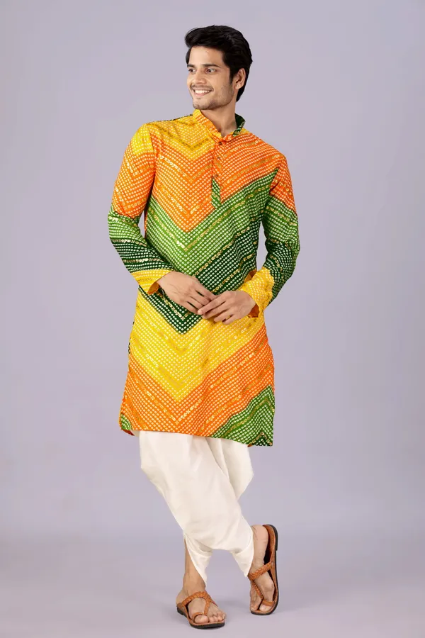 Multicolor_Bandhani_Dhoti_Kurta_Koti_3_Piece_Set_For_Men