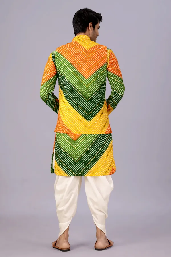 Multicolor_Bandhani_Dhoti_Kurta_Koti_3_Piece_Set_For_Men