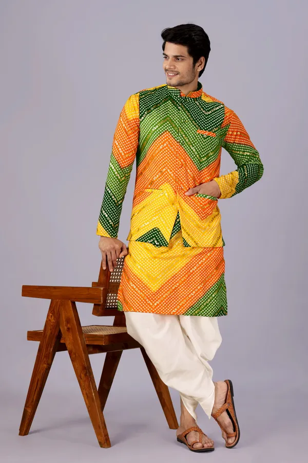 Multicolor_Bandhani_Dhoti_Kurta_Koti_3_Piece_Set_For_Men