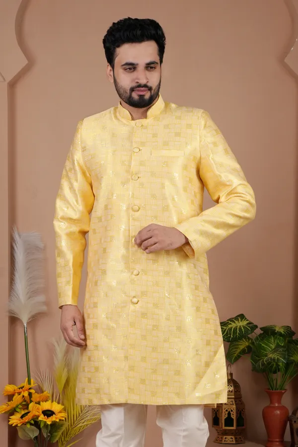 Yellow_&_Off_White_Indo_Western_Kurta_Set
