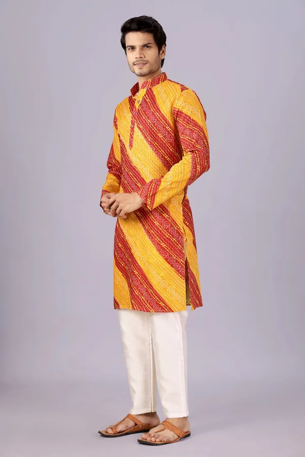 Yellow_And_Red_Crochet_Bandhani_Kurta_For_Men