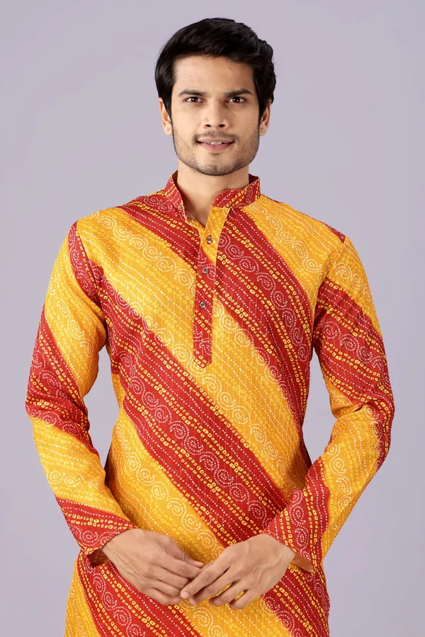 Yellow_And_Red_Crochet_Bandhani_Kurta_For_Men