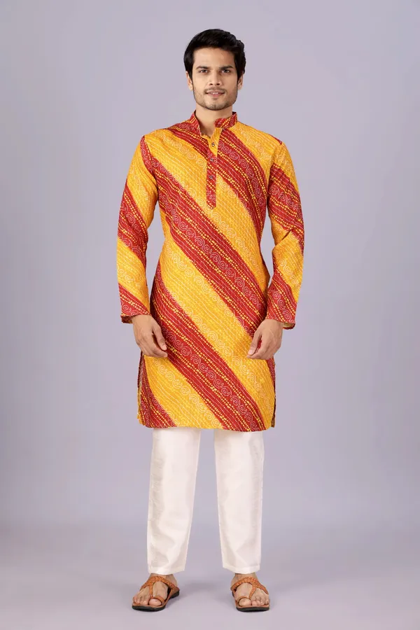 Yellow_And_Red_Crochet_Bandhani_Kurta_For_Men