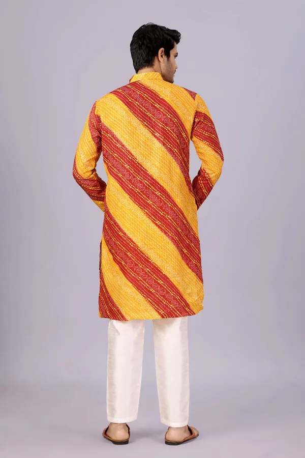 Yellow_And_Red_Crochet_Bandhani_Kurta_For_Men