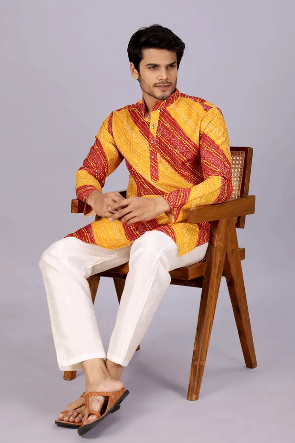 Yellow_And_Red_Crochet_Bandhani_Kurta_For_Men