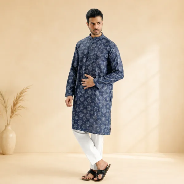 Blue_Crochet_Printed_Kurta_For_Men