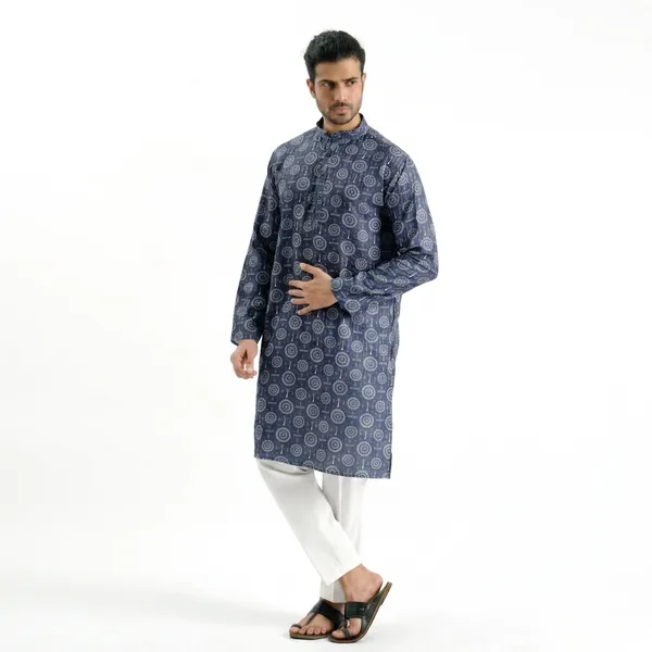 Blue_Crochet_Printed_Kurta_For_Men