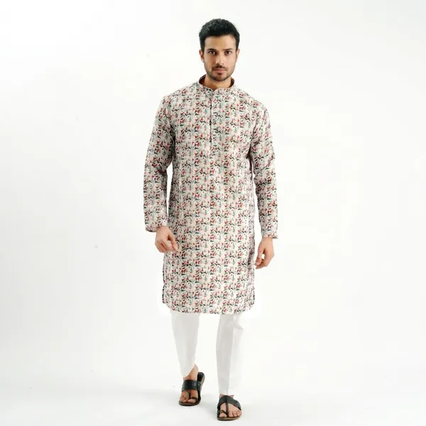 White_V_Pattern_Crochet_Kurta_For_Men