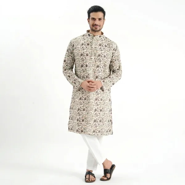 Cream_Crochet_Printed_Kurta_For_Men