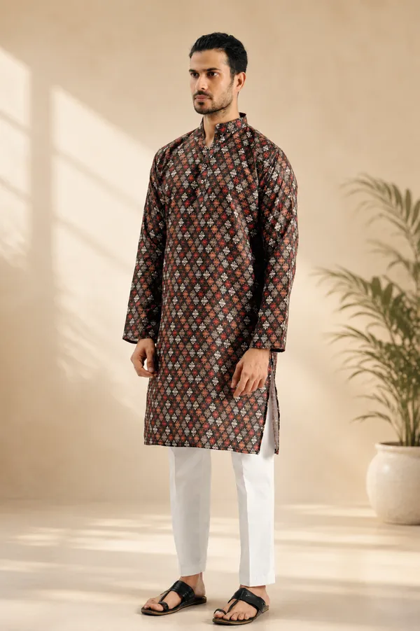 Brown_Crochet_Kurta_With_Barfi_Pattern_For_Men