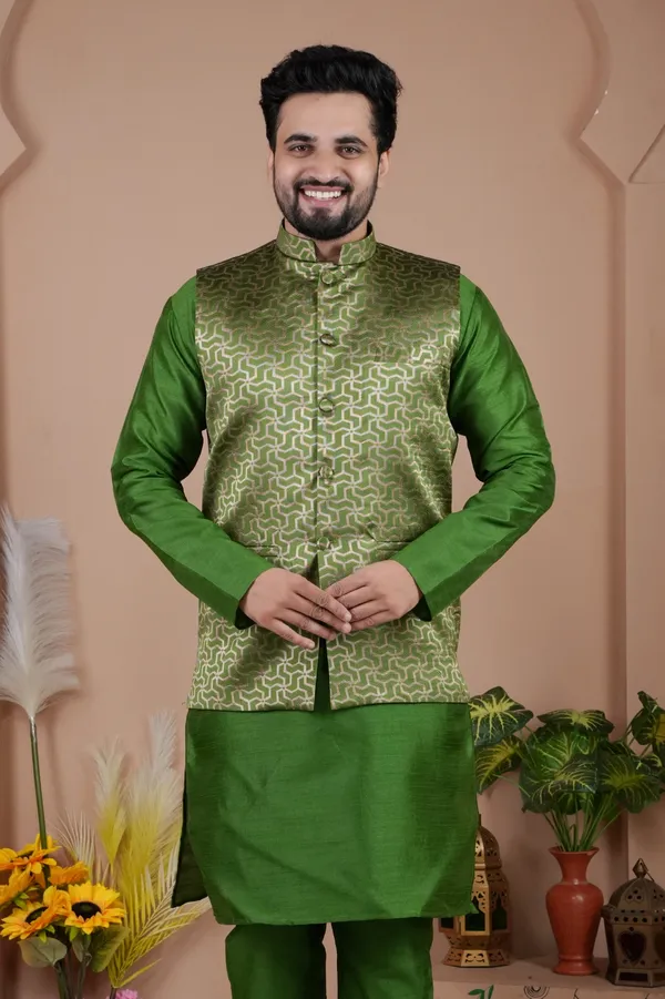 Green_Jacquard_Kurta_Koti_Set_For_Men