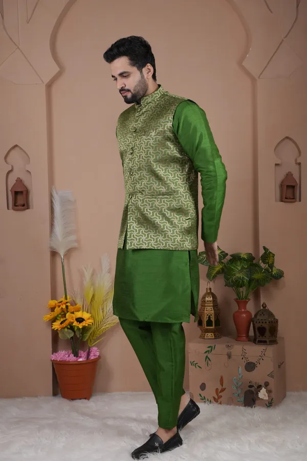 Green_Jacquard_Kurta_Koti_Set_For_Men