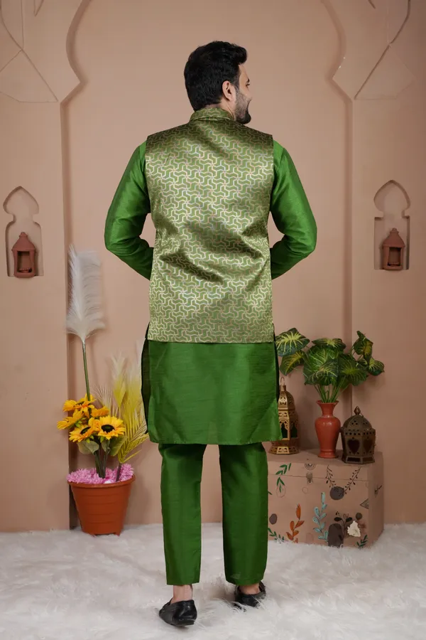 Green_Jacquard_Kurta_Koti_Set_For_Men