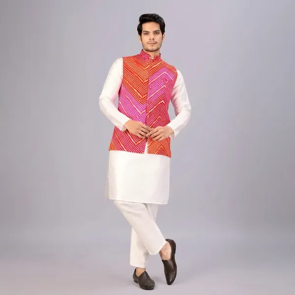 Pink_And_Red_Bandhani_Kurta_Koti_Set_For_Men