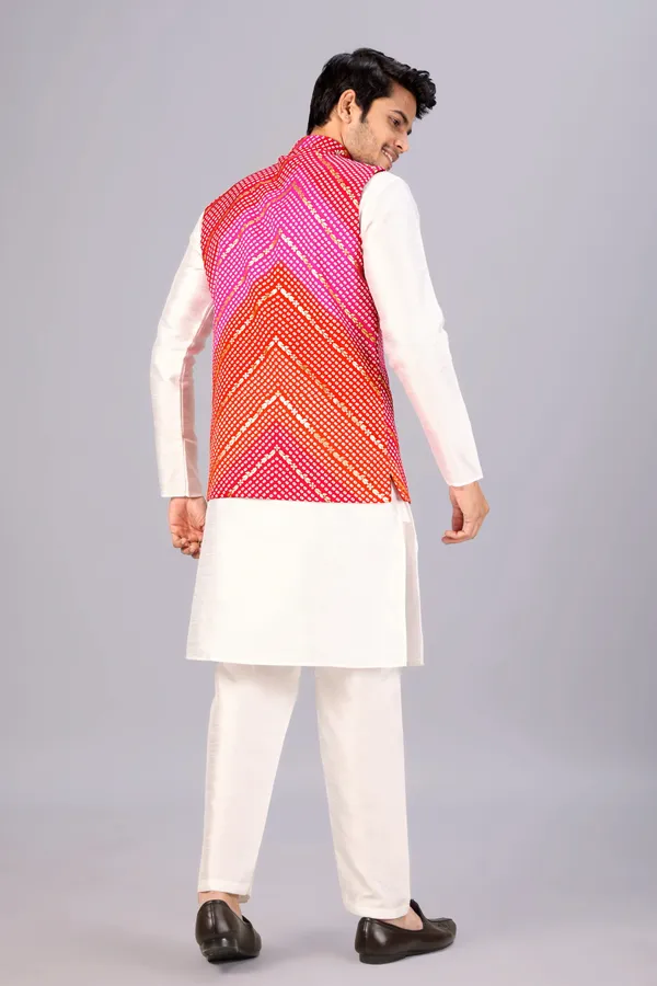 Pink_And_Red_Bandhani_Kurta_Koti_Set_For_Men