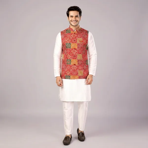 Multicolor_Box_Print_Bandhani_Kurta_Koti_Set_For_Men