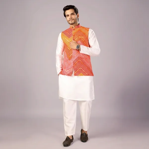Orange_&_Pink_Bandhani_Kurta_Koti_Set_For_Men