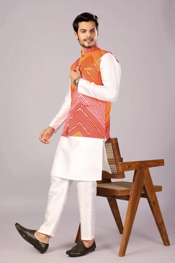 Orange_&_Pink_Bandhani_Kurta_Koti_Set_For_Men