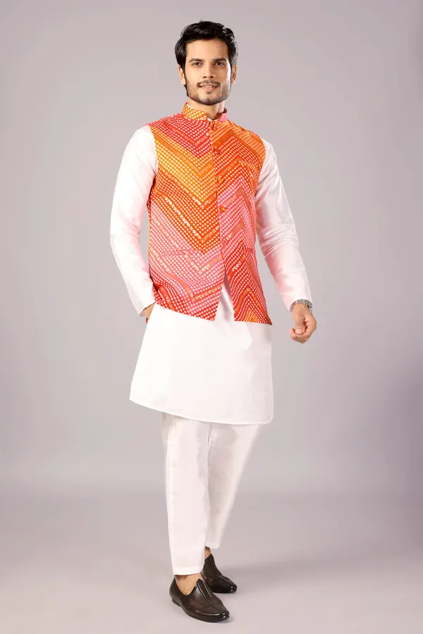 Orange_&_Pink_Bandhani_Kurta_Koti_Set_For_Men