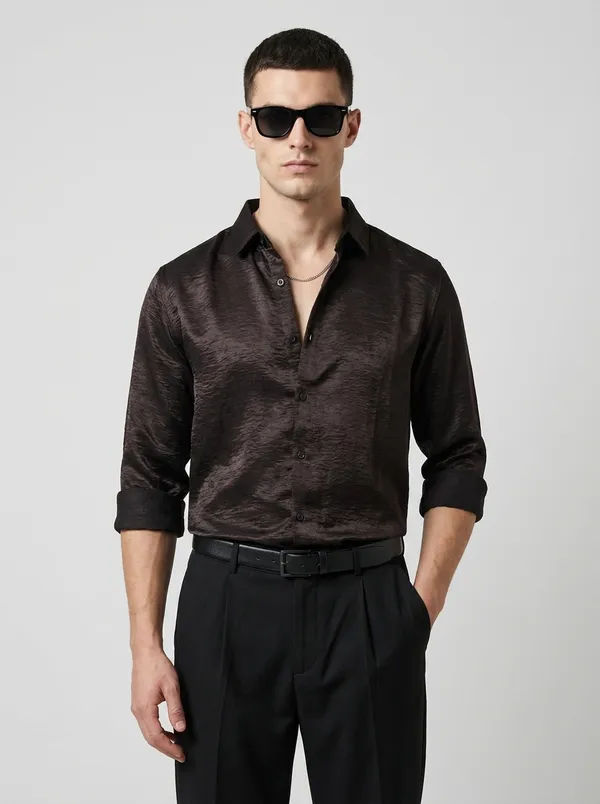 Coffee_Viscose_Blend_Regular_Fit_Crushed_Texture_Shirt_For_Men