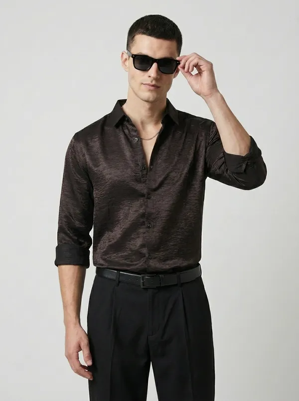 Coffee_Viscose_Blend_Regular_Fit_Crushed_Texture_Shirt_For_Men
