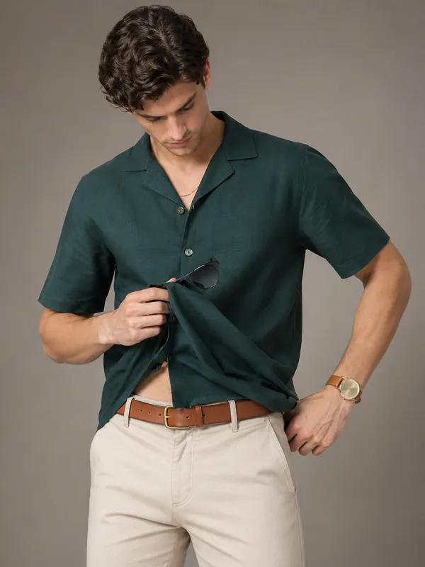 Bottle_Green_Viscose_Blend_Cuban_Fit_Casual_Shirt_For_Men
