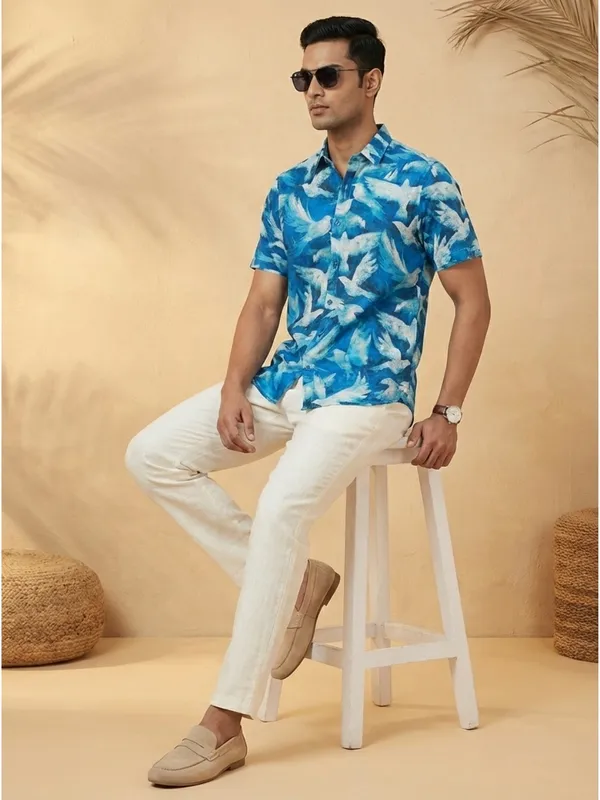 Blue_Viscose_Cotton_Regular_Fit_Bird_Print_Casual_Shirt_For_Men