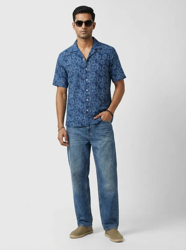 Indigo_Viscose_Blend_Cuban_Fit_Circular_Print_Casual_Shirt_For_Men