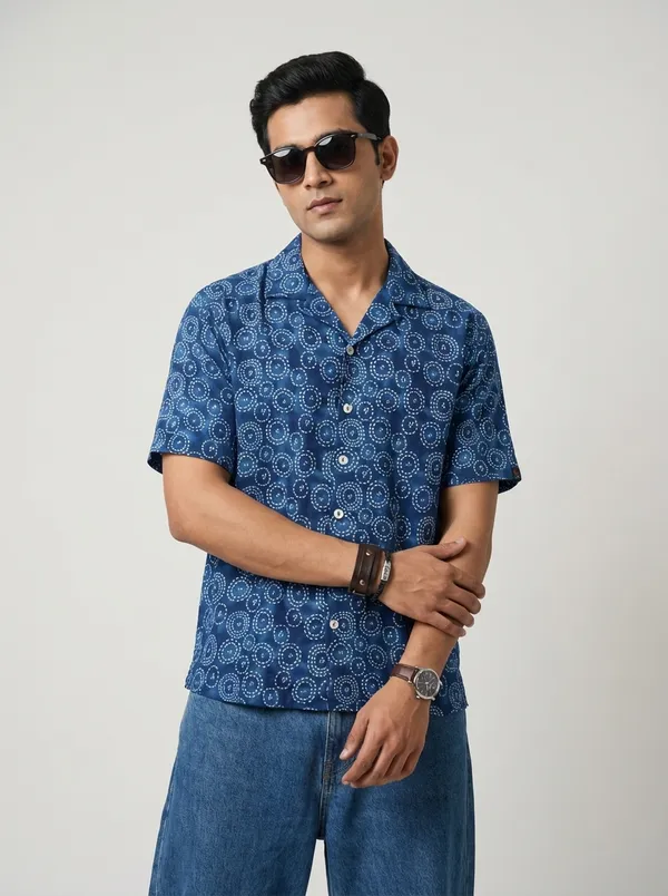 Indigo_Viscose_Blend_Cuban_Fit_Circular_Print_Casual_Shirt_For_Men