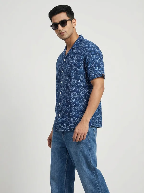 Indigo_Viscose_Blend_Cuban_Fit_Circular_Print_Casual_Shirt_For_Men