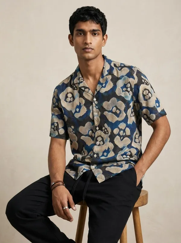Indigo_Viscose_Cotton_Boxy_Fit_Floral_Print_Cuban_Collar_Shirt_For_Men