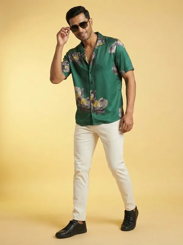 Green_Satin_Boxy_Fit_Floral_Print_Cuban_Collar_Shirt_For_Men