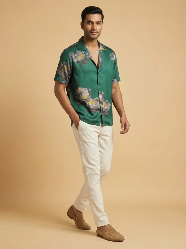 Green_Satin_Boxy_Fit_Floral_Print_Cuban_Collar_Shirt_For_Men