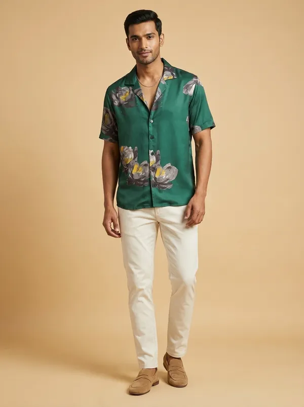 Green_Satin_Boxy_Fit_Floral_Print_Cuban_Collar_Shirt_For_Men