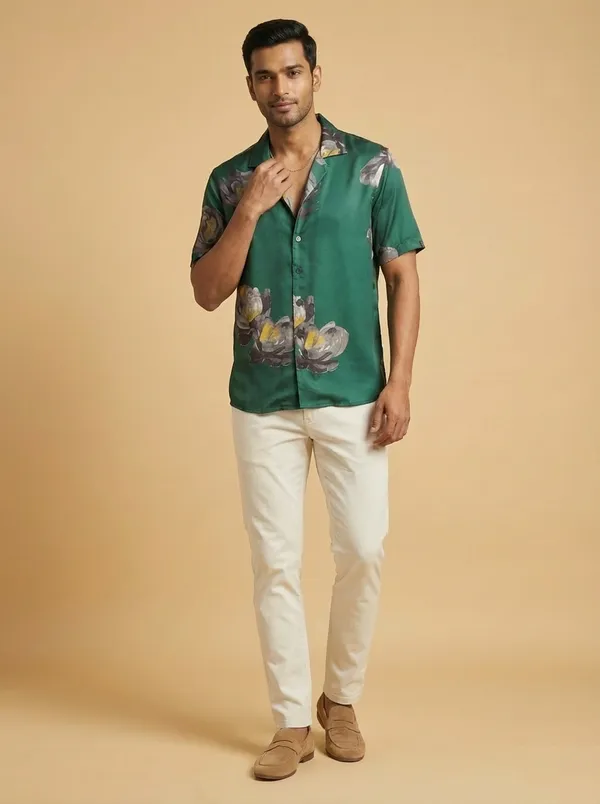 Green_Satin_Boxy_Fit_Floral_Print_Cuban_Collar_Shirt_For_Men