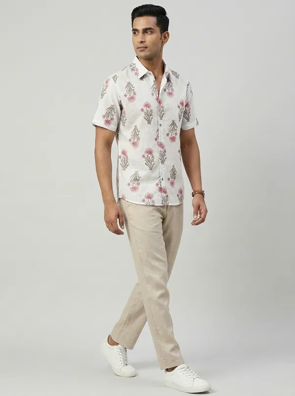 White_Cotton_Regular_Fit_Mughal_Block_Print_Casual_Shirt_For_Men
