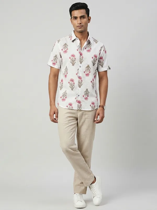 White_Cotton_Regular_Fit_Mughal_Block_Print_Casual_Shirt_For_Men