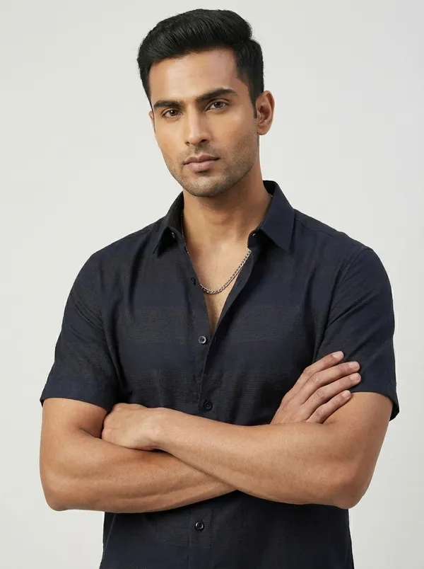 Black_Viscose_Cotton_Regular_Fit_Dobby_Semi-Formal_Shirt_For_Men