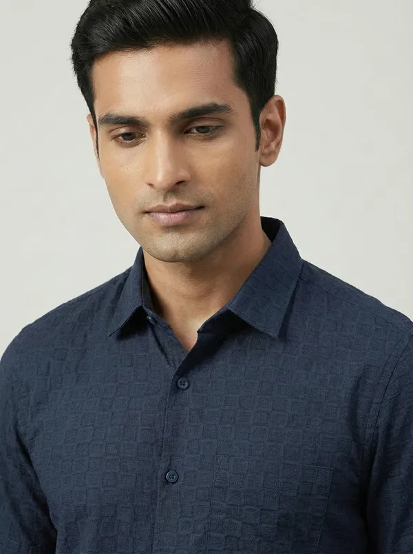 Navy_Blue_Viscose__Cotton_Regular_Fit_Dobby_Semi-Formal_Shirt_For_Men