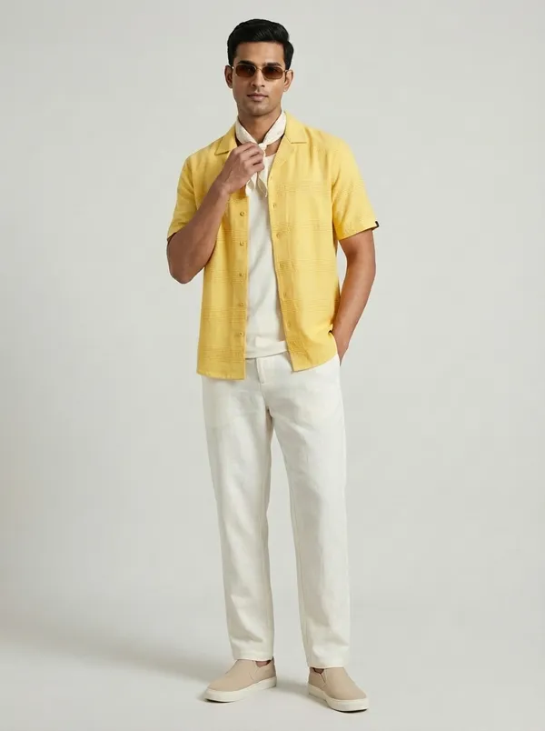 Yellow_Cotton_Regular_Fit_Dobby_Textured_Cuban_Collar_Shirt_For_Men