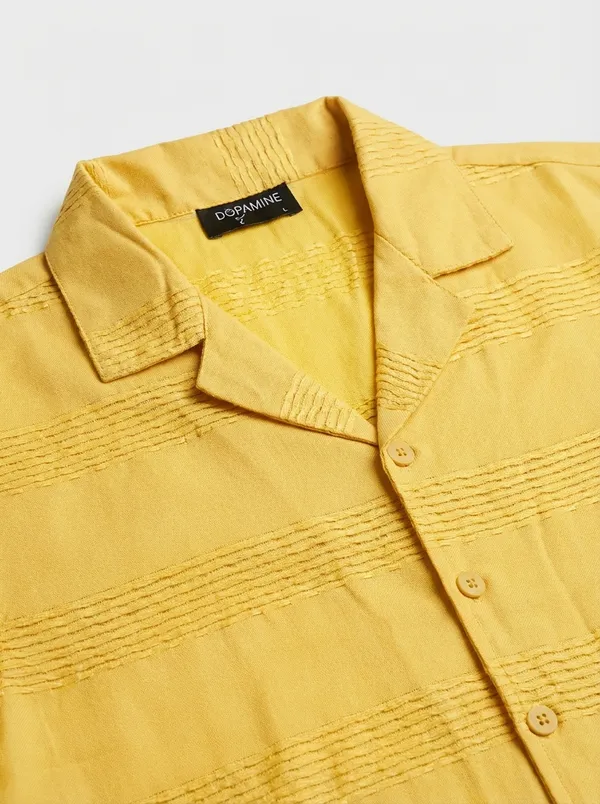 Yellow_Cotton_Regular_Fit_Dobby_Textured_Cuban_Collar_Shirt_For_Men