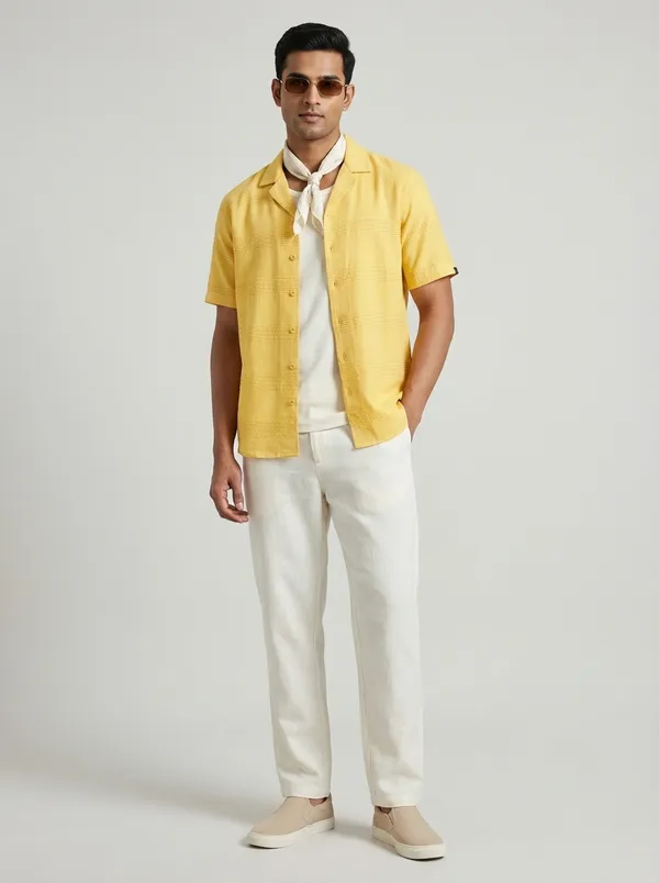 Yellow_Cotton_Regular_Fit_Dobby_Textured_Cuban_Collar_Shirt_For_Men