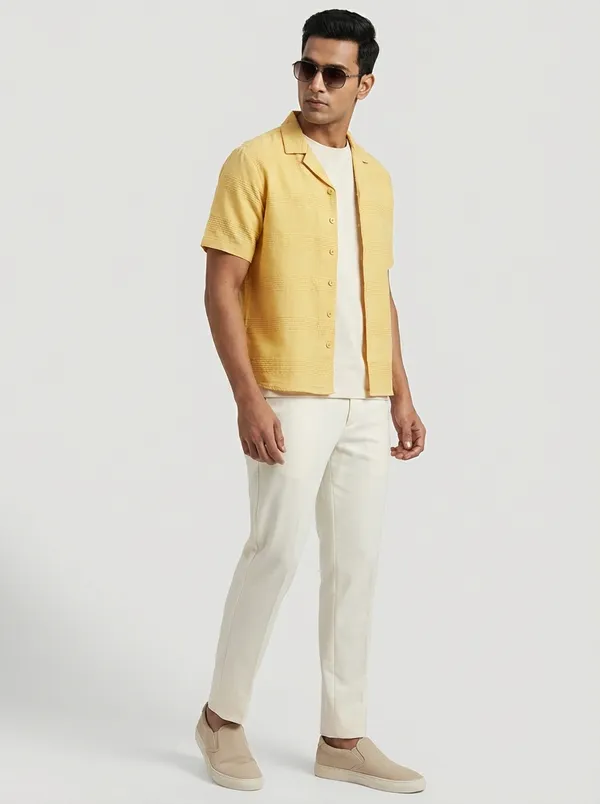 Yellow_Cotton_Regular_Fit_Dobby_Textured_Cuban_Collar_Shirt_For_Men