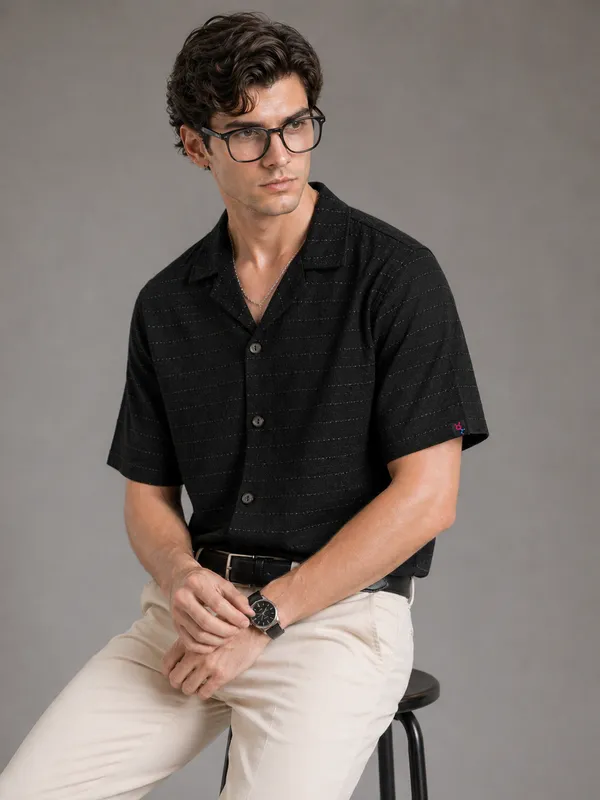 Navy_Blue_Viscose__Blend_Relaxed_Fit_Self_Stripe_Shirt_For_Men
